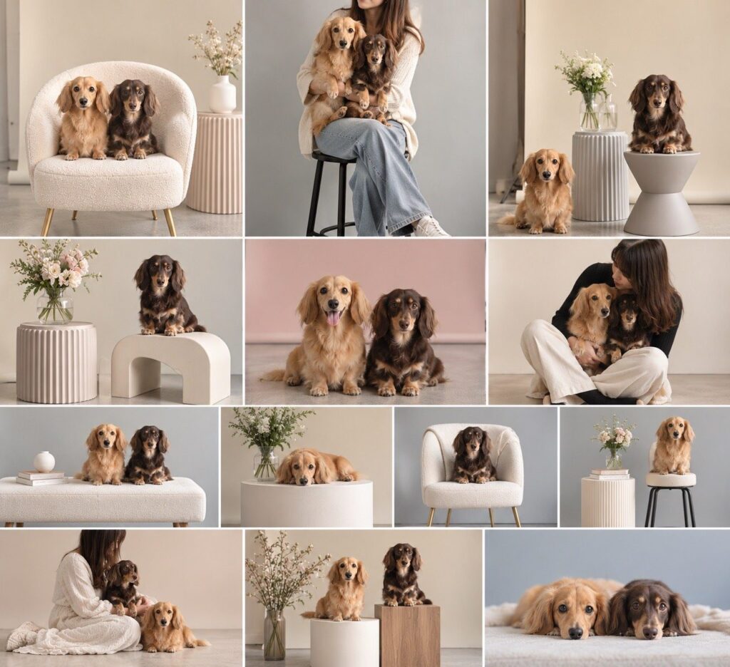 愛犬と並んだり、抱きしめたり。さまざまな背景や小物を使った、家族と犬の記念撮影のイメージ図。