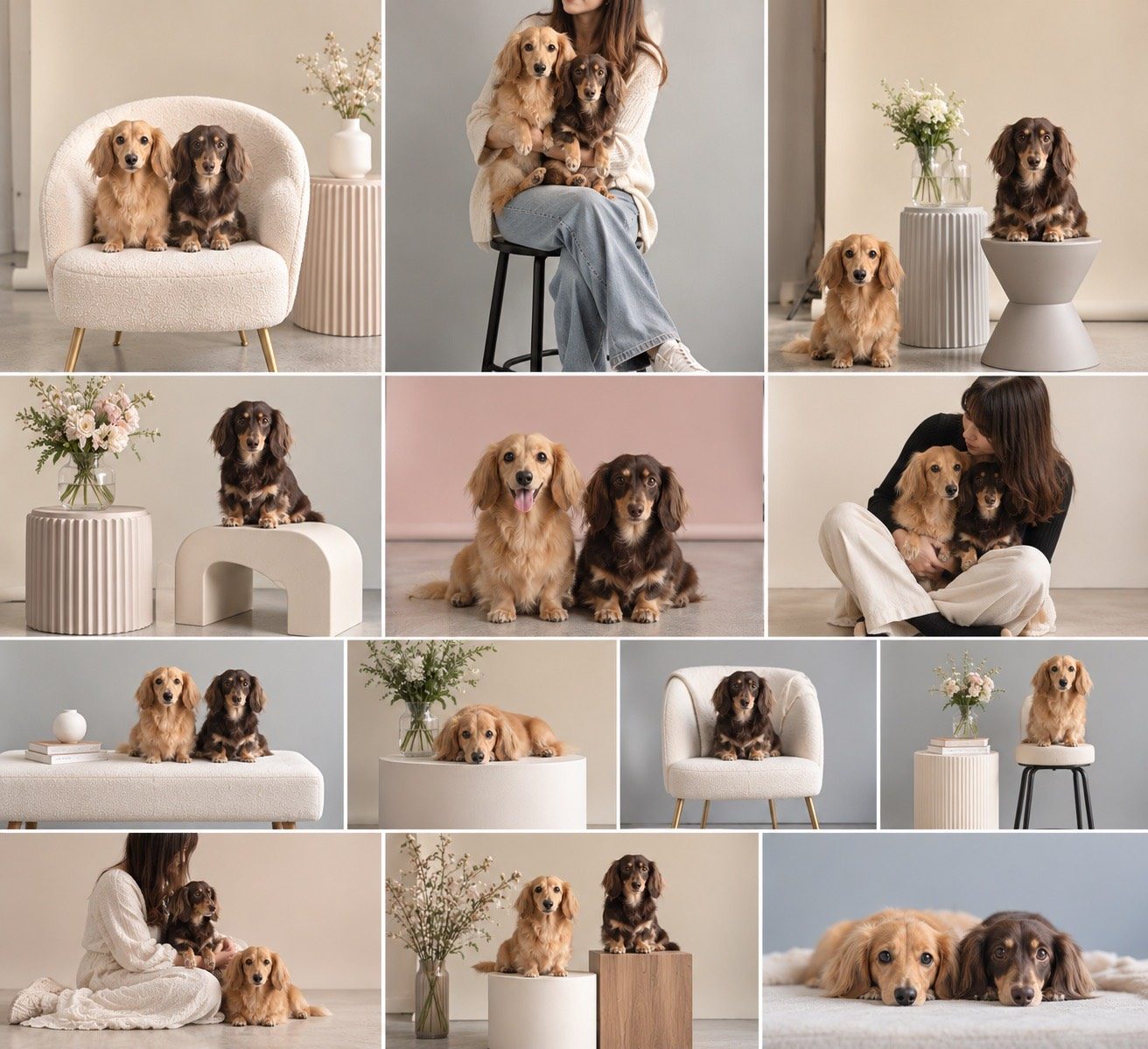 愛犬と並んだり、抱きしめたり。さまざまな背景や小物を使った、家族と犬の記念撮影のイメージ図。